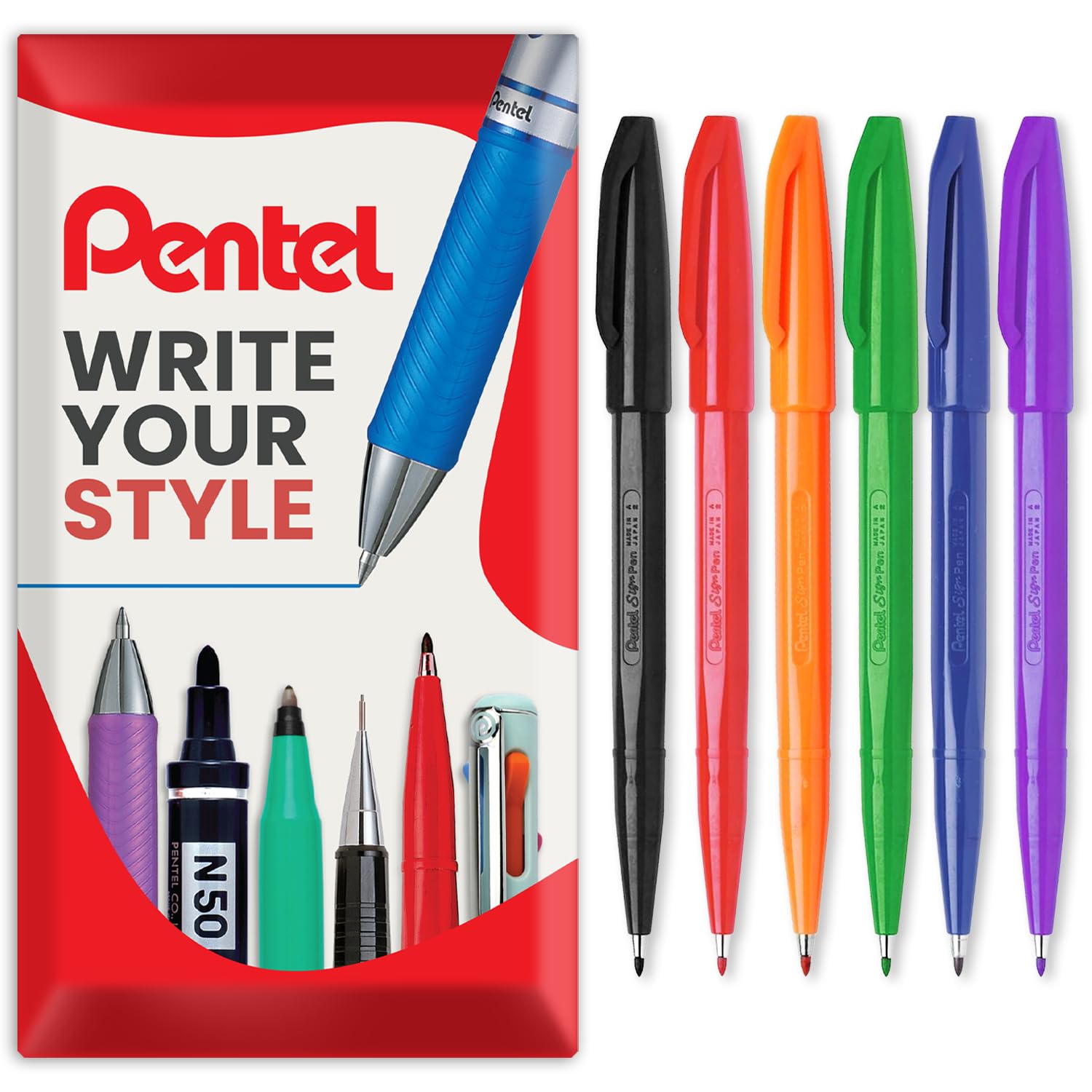 Pentel S520 Original Sign Pen Fibre Tip Marker Fineliner Pens - 2mm Nib - 1mm Line - Pack of 6 in Envelope Gift Packaging (Foundation)