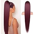 Flufymooz ponytail extension, 36 Inch Long Straight Drawstring Ponytail Synthetic Hairpieces Fake Pony Tails Natural Soft Clip in Hair Extension ponytail for Women (Burgundy)