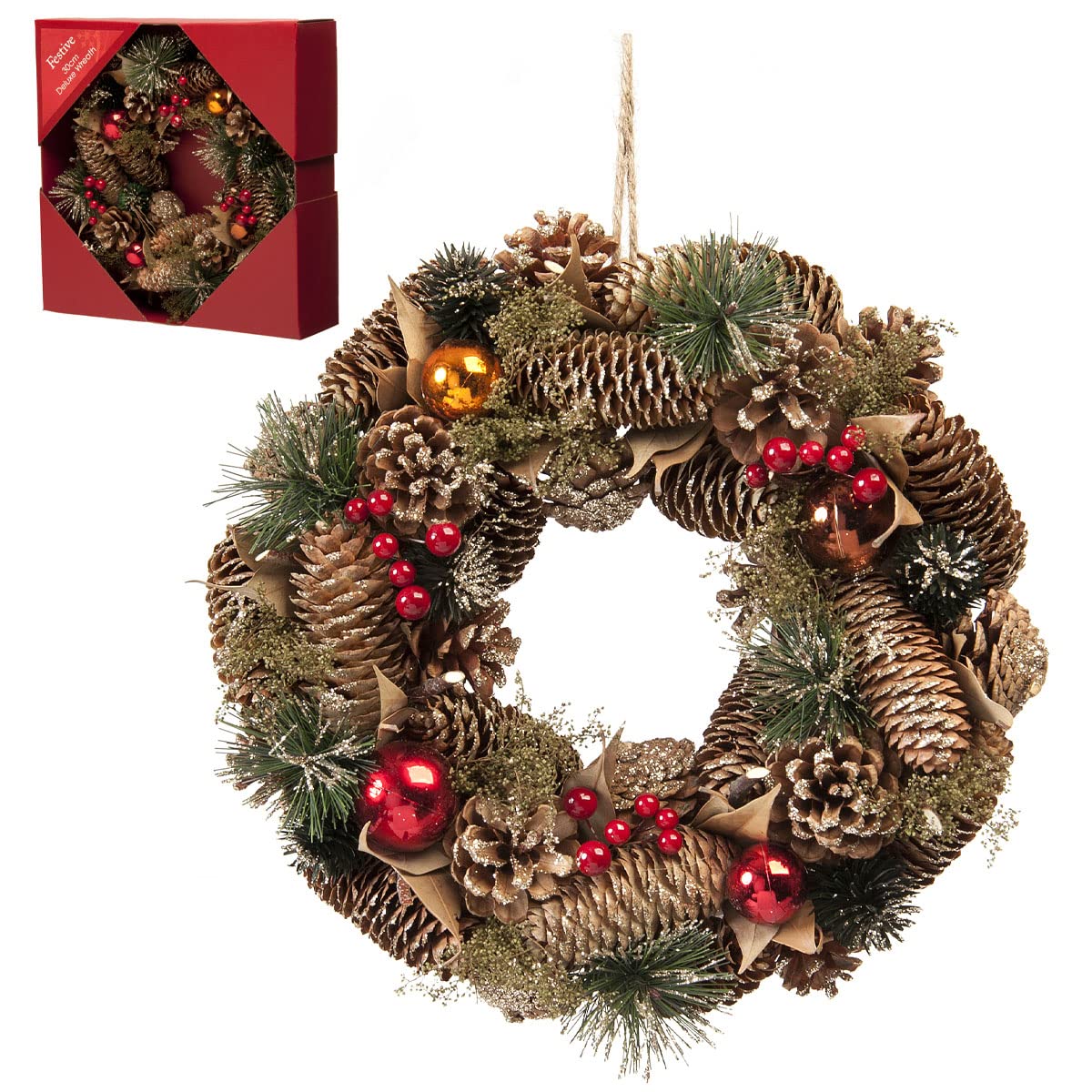 Festive Christmas 30cm Pinecone Wreaths In Box Home Decoration-Gold/Berries