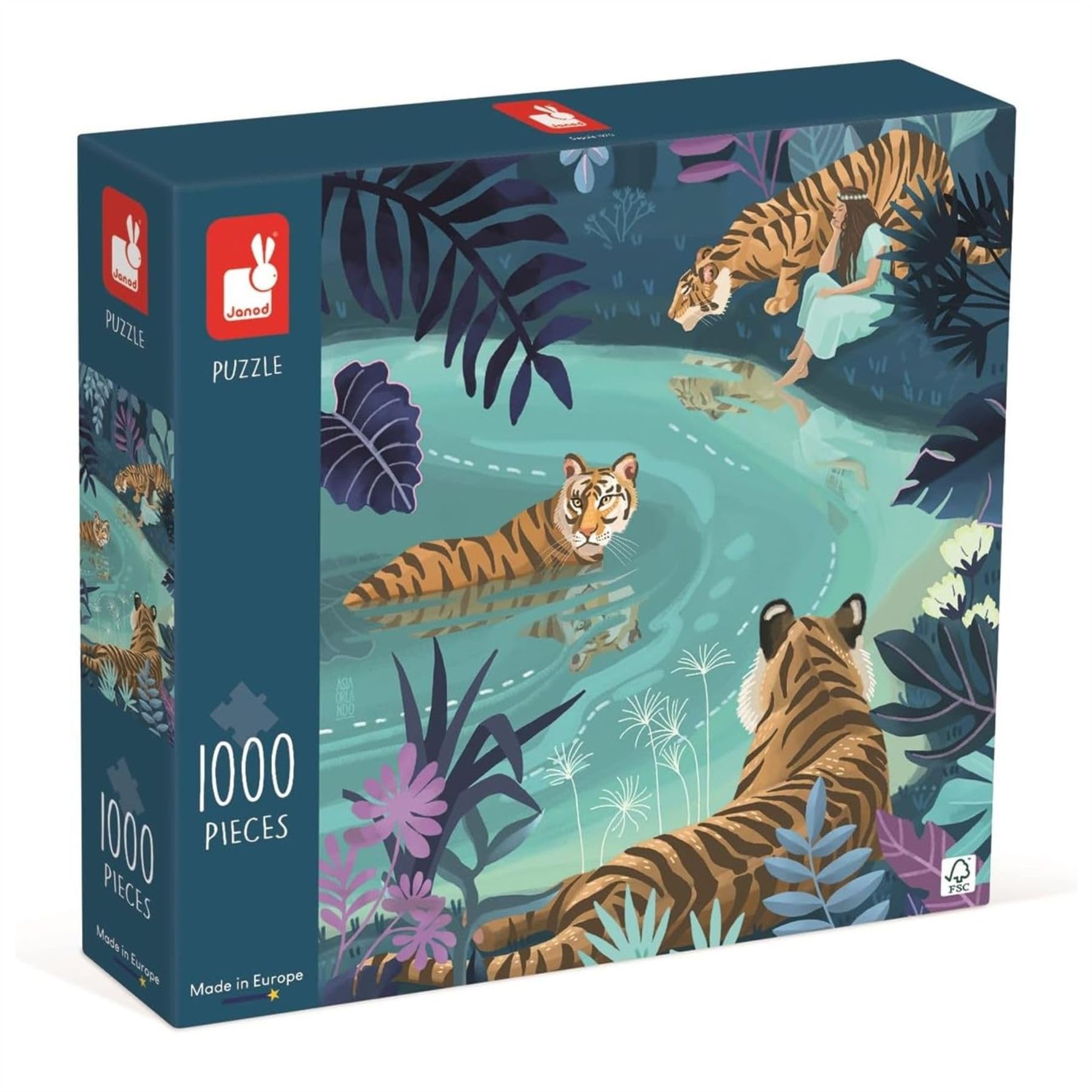 Janod - 1000-Piece Puzzle - Tigers in the Moonlight - Suitable for Adults, Teenagers and Children - Made in Europe and FSC-Certified - Ages 9+ - J02511