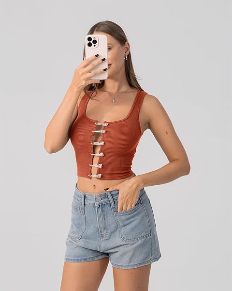 WOMEN GOING OUT CROP TOP SEXY SQUARE NECK CROPPED TANK TOP TRENDY CUT OUT SLEEVELESS RIBBED TOPS SUMMER RUSTY RED XXL