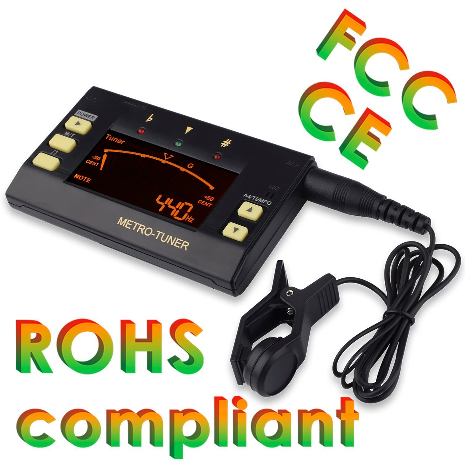 Mugig Metronome, Digital Tuner, Tone Generator 3 in 1 Multi-Instrument Device for Guitar, Bass, Violin, Ukulele, Chromatic Tuning, Large LCD Display, 8 Rhythms 30-250 BPM, Pickup & Battery Included