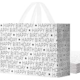 PACKQUEEN 12 Happy Birthday Gift Bags with Handles 13x5x10 Inches, Large Gift Bags Bulk, (Happy Birthday in Black Letters) fo
