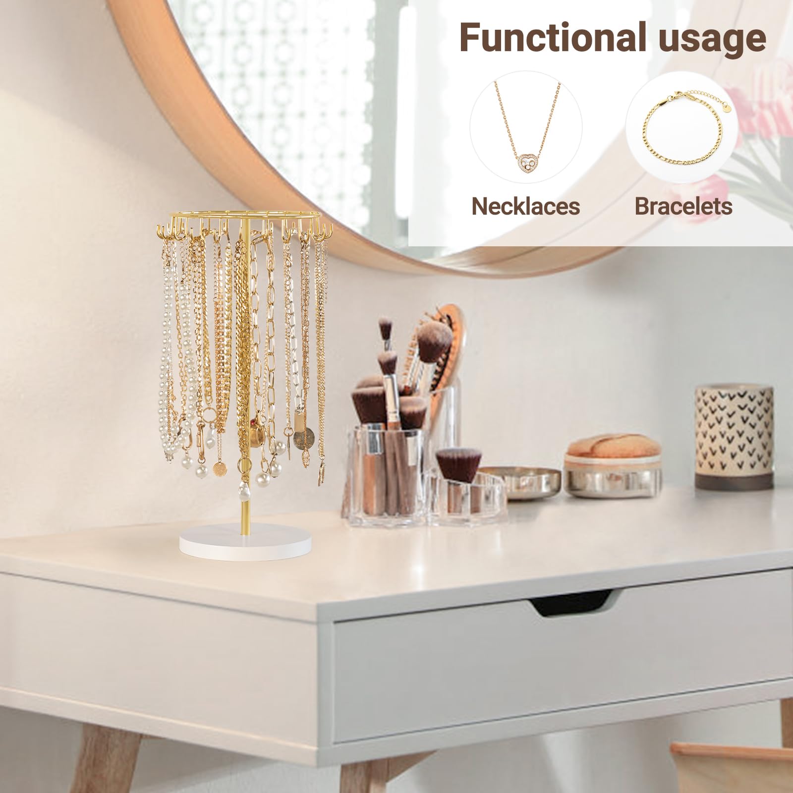 Mkono Mkono Necklace Holder Metal Jewelry Display Stand Necklace Organizer with 22 Hooks for Storage and Hanging Bracelet Keychain Home Room Deocr for Women,Gold