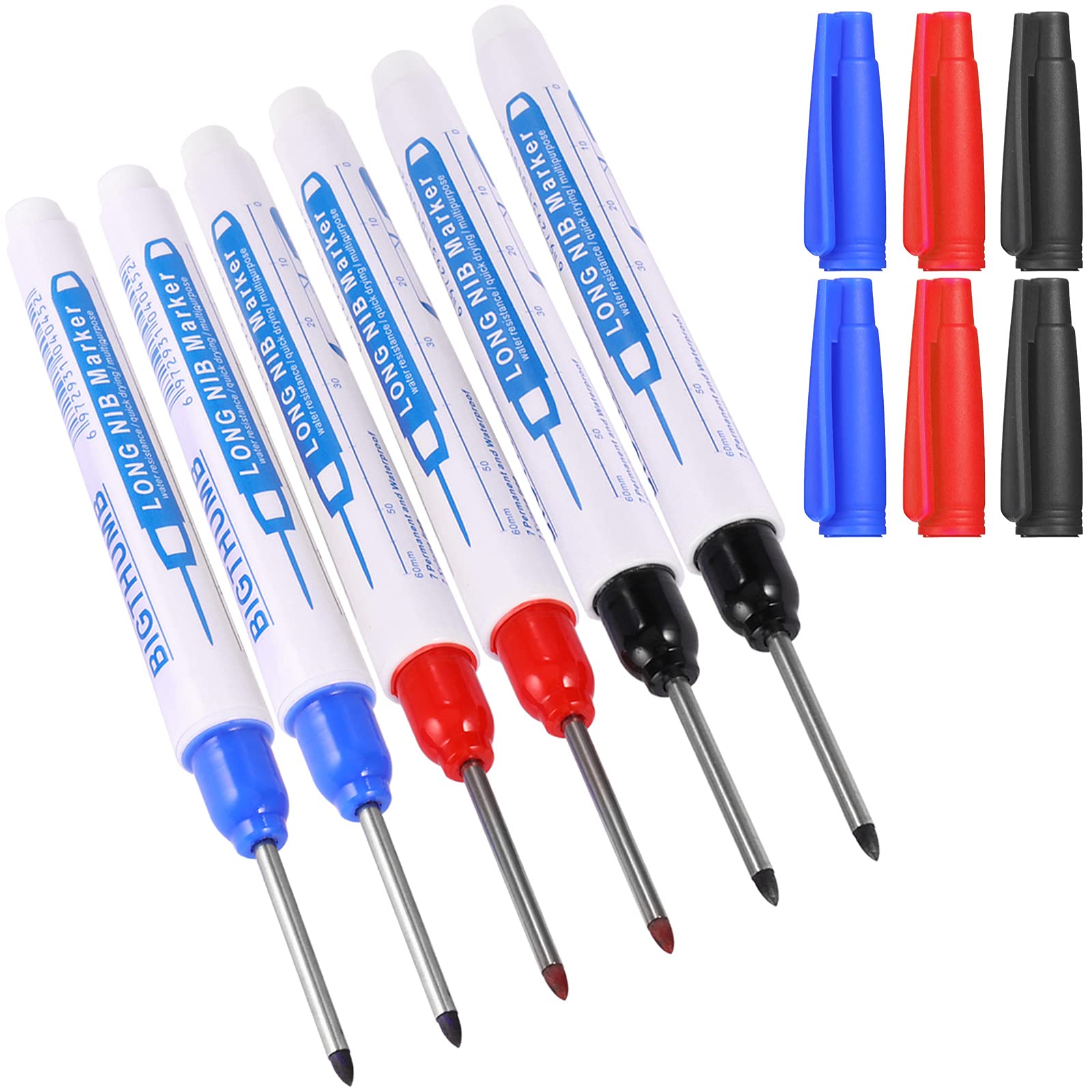 UNOLIGA Long Head Deep Hole Marker, 30mm Long Nib Deep Hole Marker Pen, Hole Marker Tool, 6pcs Long Tip Reach Marking Pen for Carpenter Woodworker Engineer Drilling (2023 Blue Black Red)