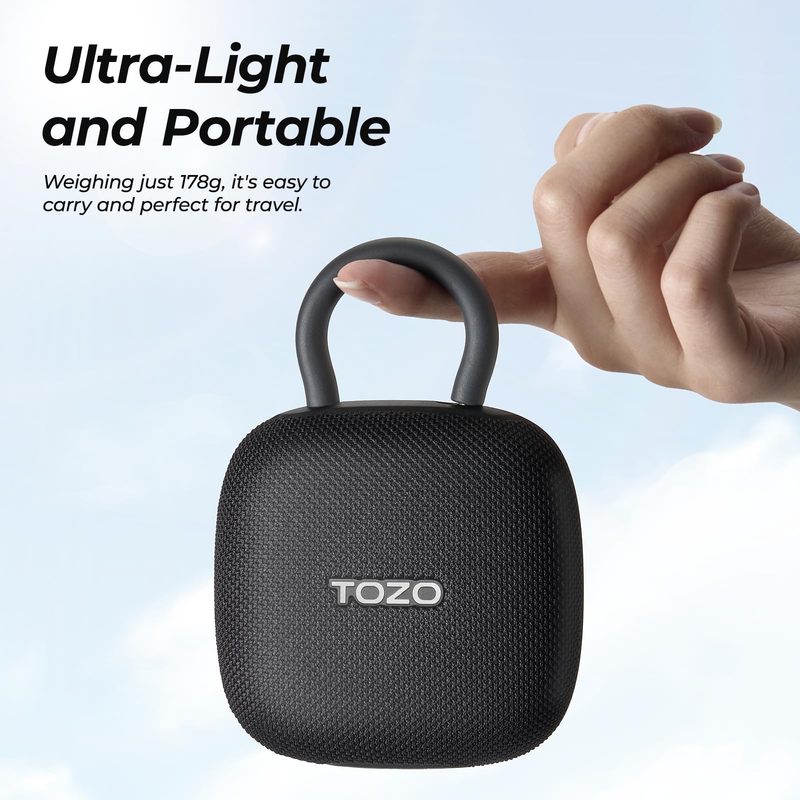TOZO PE1 Portable Bluetooth Speakers with Adjustable Carabiner, Mini Bluetooth Wireless Shower Speaker with IPX8 Waterproof, 32H Playtime Punchy Bass Audio Speaker for Home, Outdoor and Travel, Black - Image 3