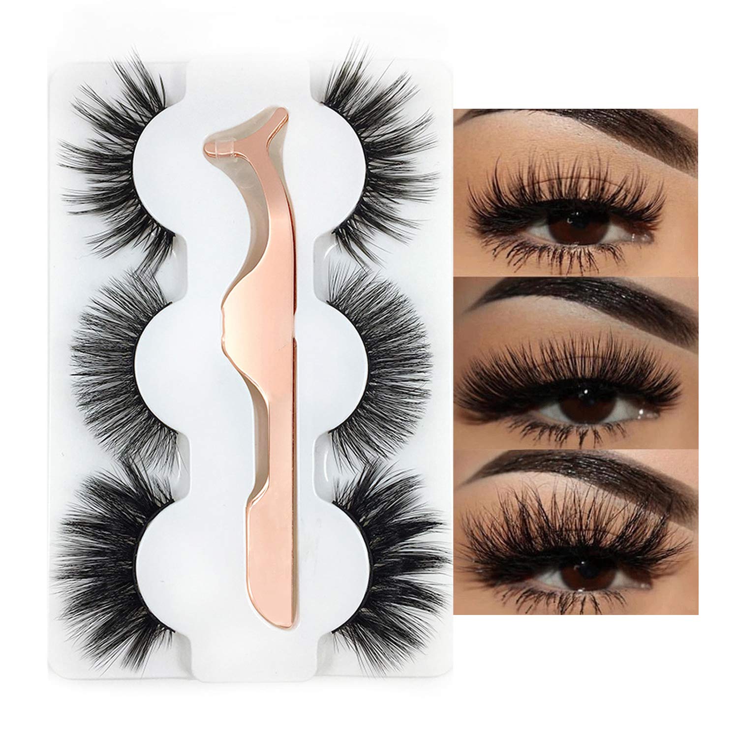 3 Styles False Eyelashes Synthetic Fiber Material 3D Mink Lashes 100% Handmade Natural Fluffy Long Soft Reusable Fake Eyelashes with Eyelash Applicator (3 Pairs)