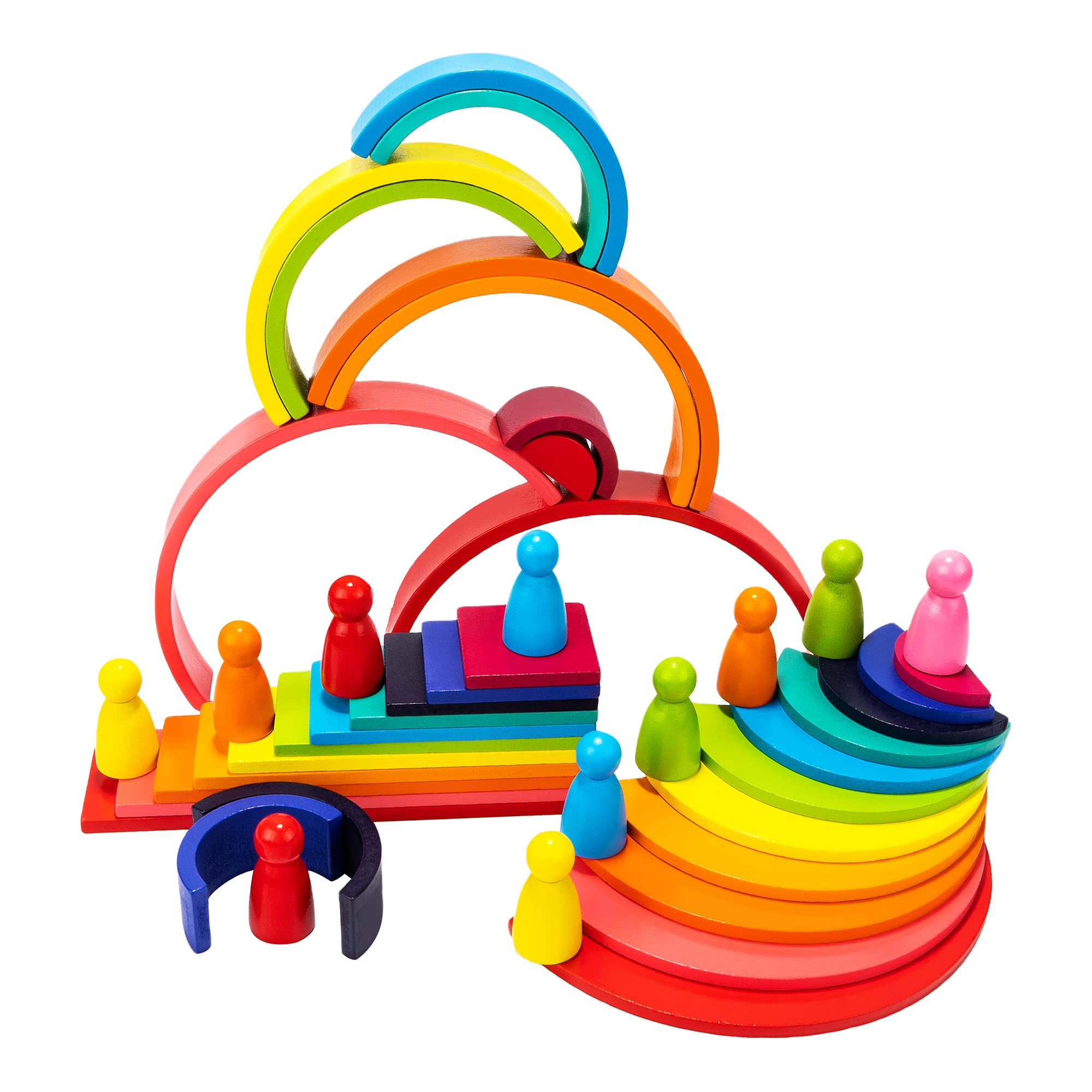 XJYQJD Wooden Rianbow Stacker Playset, 4-in-1 Rainbow Stacking Toys Building Blocks for Kids Ages 3 4 5 Preschool Montessori Toys Christmas Birthday Gifts for Toddlers Boys Girls 3-5 (45 Pieces)