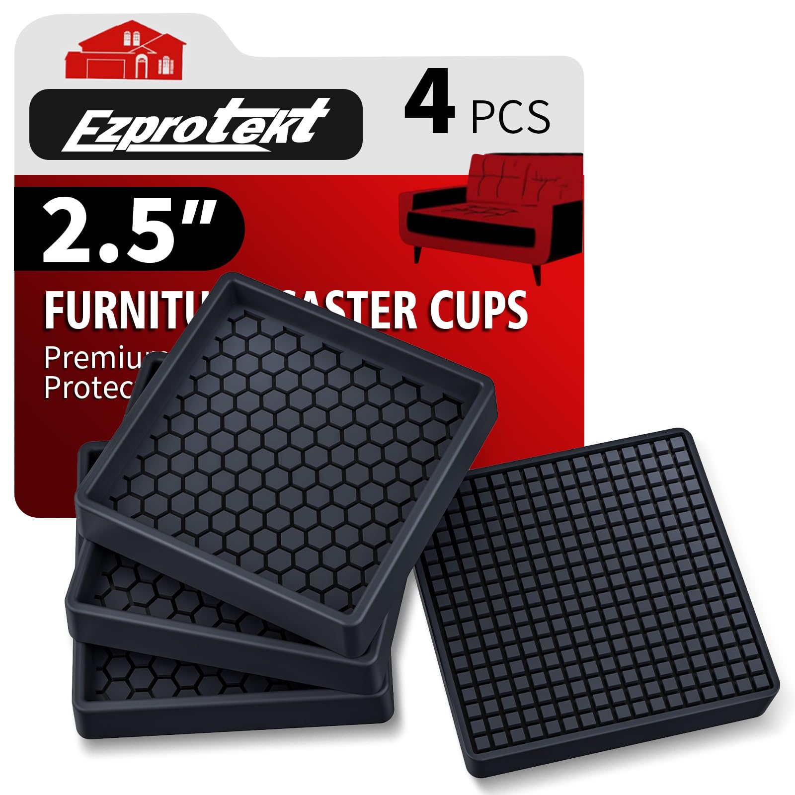 Coasters - 2.5*2.5" Non Slip Furniture Pads for Hardwood Floors, 4 PCS Round Rubber Non Skid Furniture Caster Cups, Anti Slide Floor Protectors for Bed & Couch (Black)