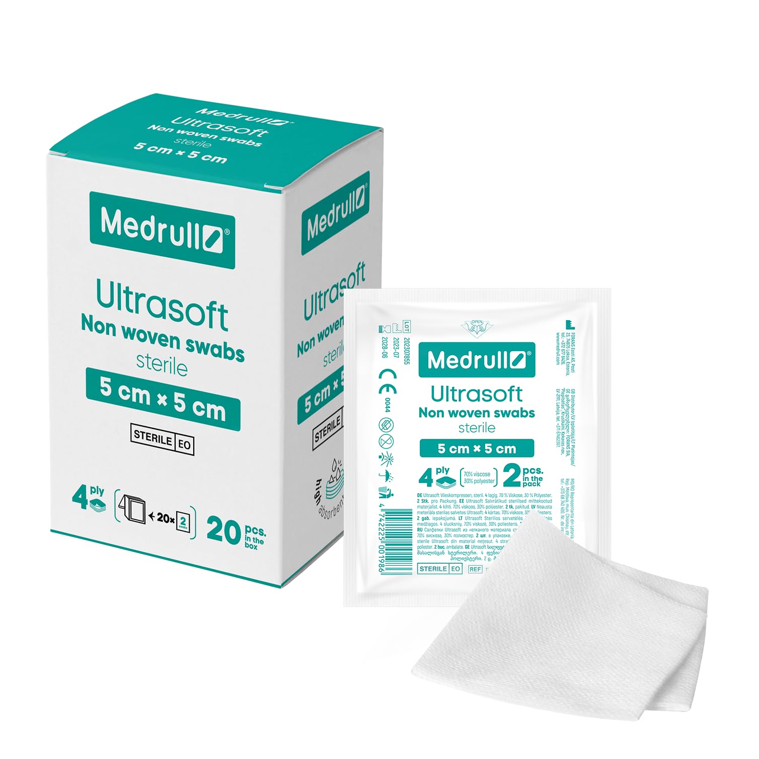 Medrull Sterile Ultra Soft Non-Woven Dressings 4-Ply 5 cm x 5 cm Packed 2 Pieces - 20 Paper Bags (Pack of 40)