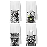 ChenCraty Funny Raccoon Hand Towels Set of 4, Raccoon Bathroom Decor, Vintage Trash Panda Hand Towels for Kids Bathroom Washroom, 16x24 Inch