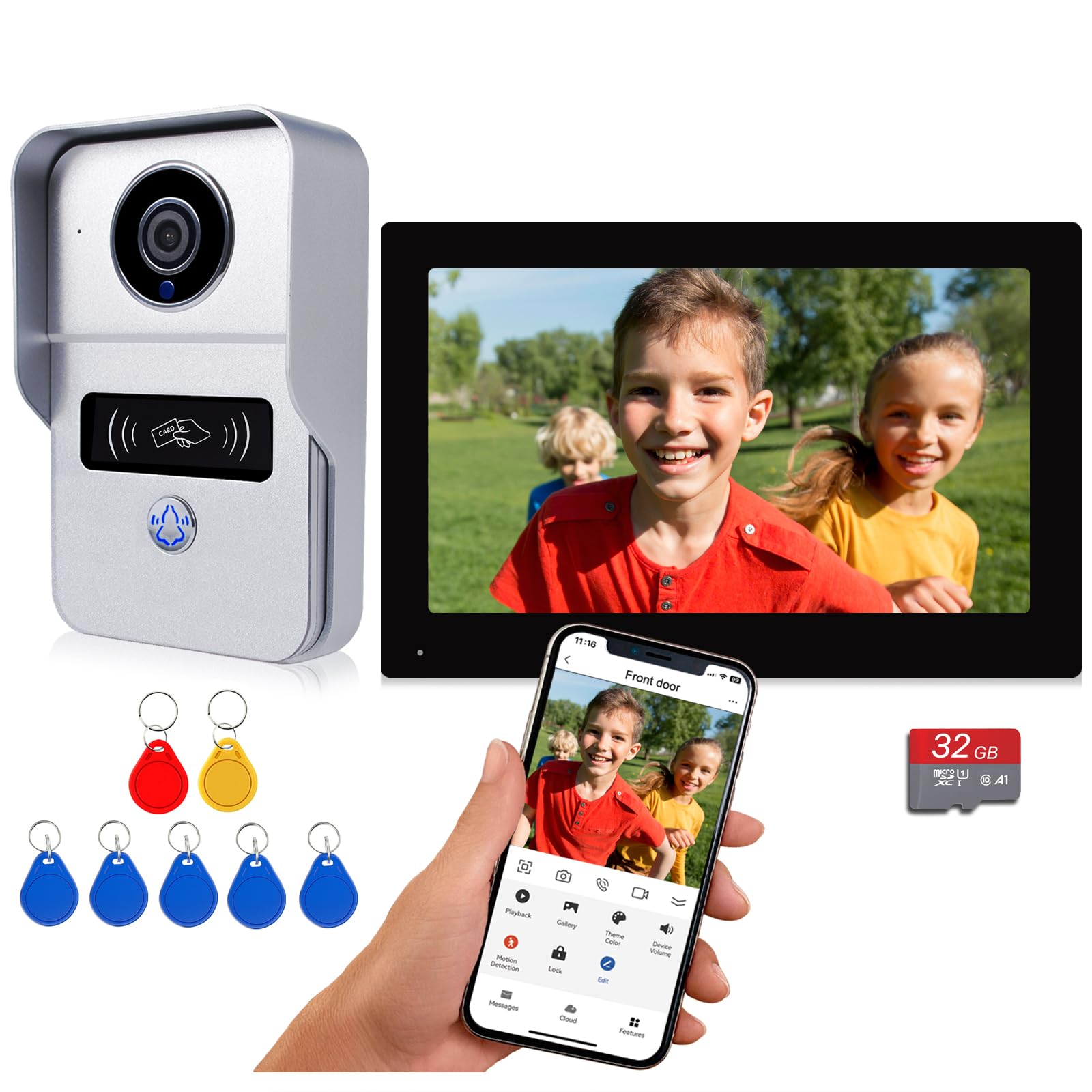 Photo 1 of WiFi Video Intercom System, Video Doorbell with Monitor Kits, Wired 1080P HD Doorbell Camera, Wireless WiFi 7 Inch Monitor with 32G Card, Record, Tuya Remote / IC Keyfobs Unlock for Home Apartment