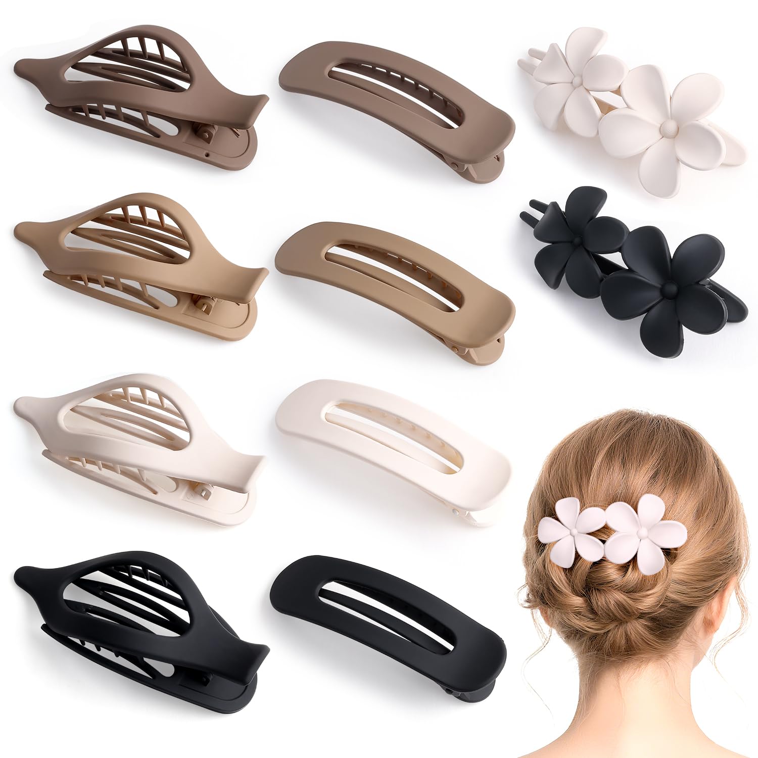 Photo 1 of 10 Pcs Flat Hair Claw Clips for Women, 3 Styles Non-Slip French Matte Claw Clips for Long Thin Thick Curly Hair, Large Strong Hold Claw Clips for Thick Hair