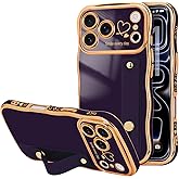 LLZ.COQUE for iPhone 17 Pro Case for Women Girls with Strap Wave Frame Cute Love-Heart Plating Bling Stand Cover, Raised Full Camera Soft Silicone Protective Phone Case for iPhone 17 Pro, Dark Purple