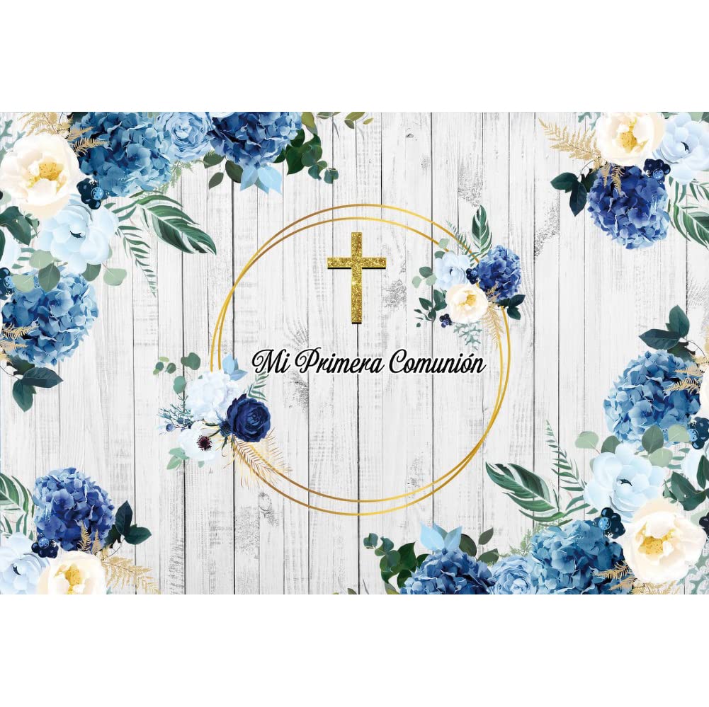 Aoihrraan 2,2x1,5m God Bless Photography Backdrop Boys Baptism Party First Communion Christening Blue Flower Golden Cross Wood Wall Background Newborn Baby Shower Decor Portrait Photo Studio Props