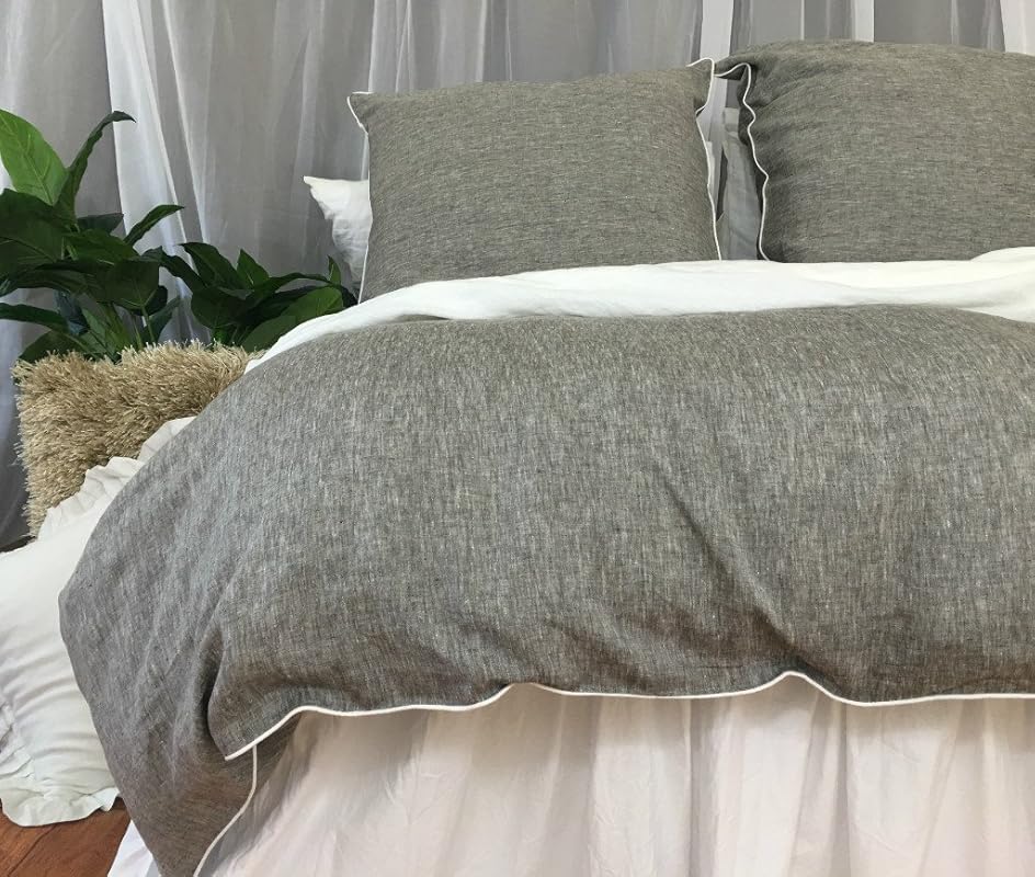 Chambray Grey Linen Duvet Cover with Soft White Piping