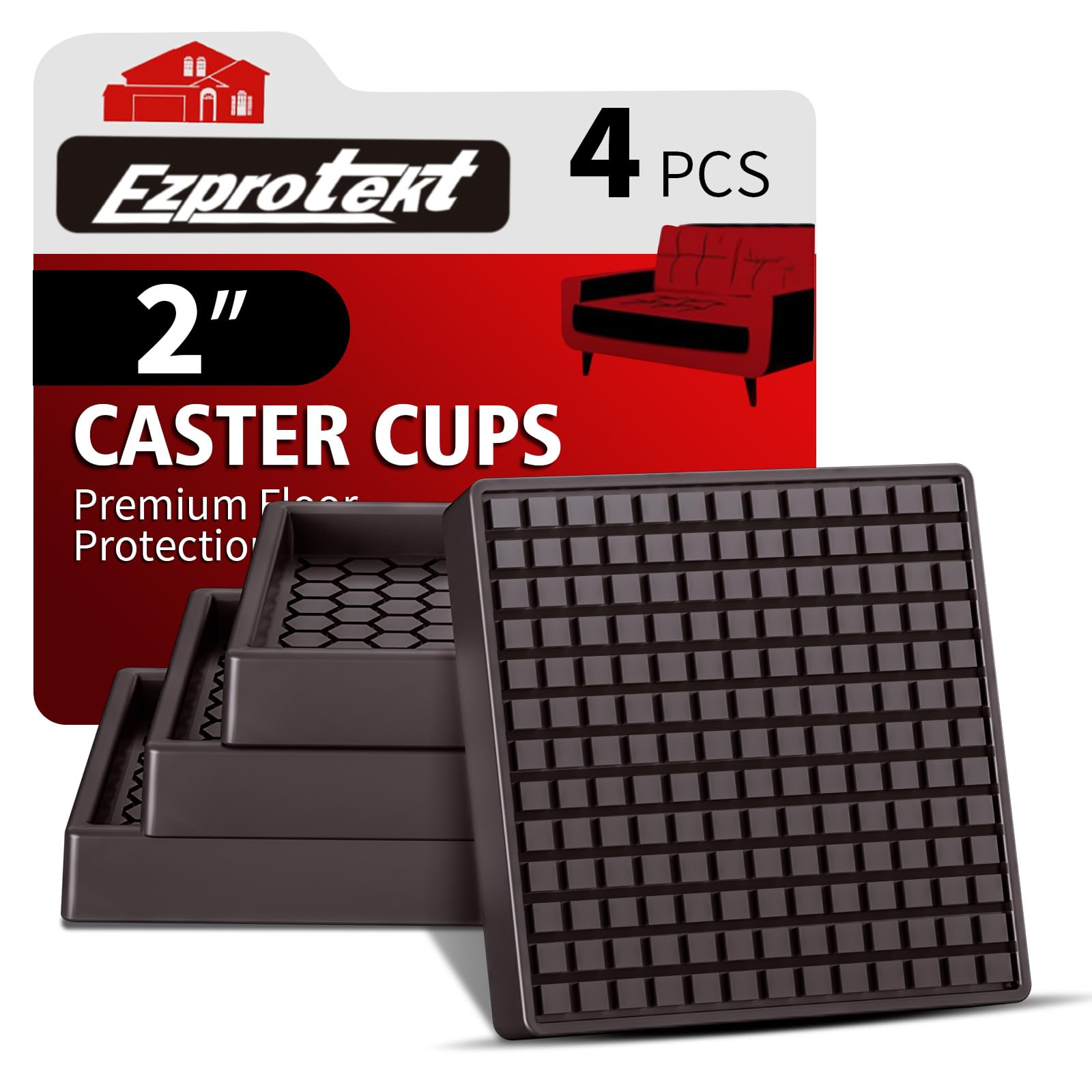 Furniture Coasters - 2"x2" Non Slip Furniture Pads for Hardwoods Floors, 4 PCS Square Rubber Non Skid Furniture Caster Cups, Anti Slide Furniture Feet Floor Protectors for Bed Couch Stoppers (Brown)