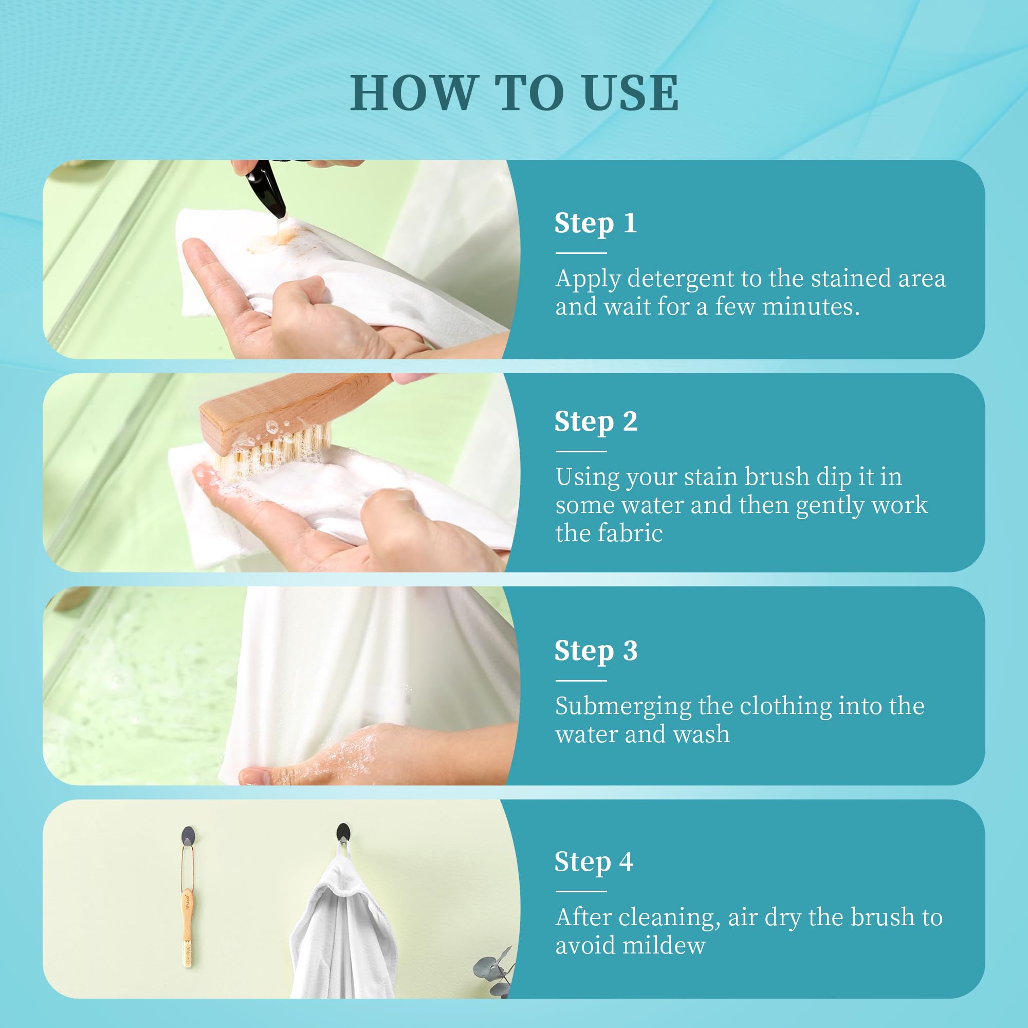 BFWood Laundry Stain Brush, Natural Soft Boar Bristles, Removes Tough Stains from Delicate Fabrics Like Knits, Cotton, and Linens, Gentle on Fabrics, No Damage