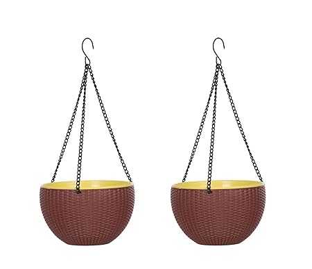 AASHU self Watering planters Pot Hanging,Basket for Gardening,Hanging planters with Chain (Size-8.5 inch,Color-Brown)- Pack of 2