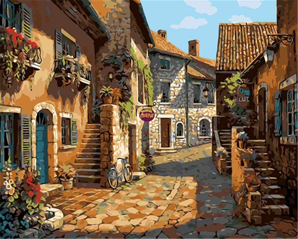 YEESAM ART Paint by Numbers for Adults Beginners Quiet Alley 16x20 inch Linen Canvas Acrylic DIY Number Painting Kits Wall Art Decor Gifts