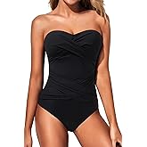 Holipick Women Strapless One Piece Swimsuits Tummy Control Bandeau Bathing Suits Retro Slimming Swimwear