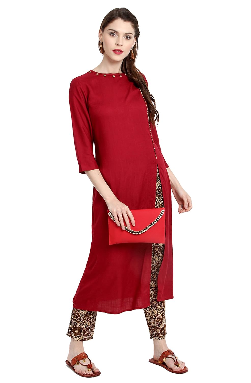 janasya women's maroon rayon a-line plain kurta with pant