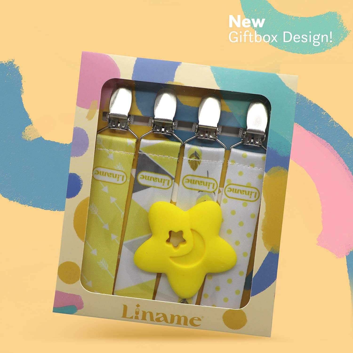 Liname 4 Pack Pacifier Clip for Boys & Girls w/Teething Toy - Baby Gift - for Soothers (Yellow, Metal Clips) : Baby
