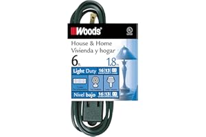 Woods Light Duty Extension Cord, 6Ft, 16 Gauge, SPT-2, House and Home Cord, 3-Outlet, Green, 12600G