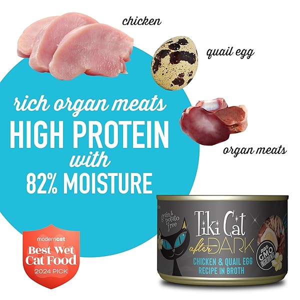 TIKI CAT AFTER DARK, CHICKEN & QUAIL EGG, HIGH-PROTEIN AND 100% NON-GMO INGREDIENTS, WET CAT FOOD FOR ADULT CATS, 5.5 OZ. CAN