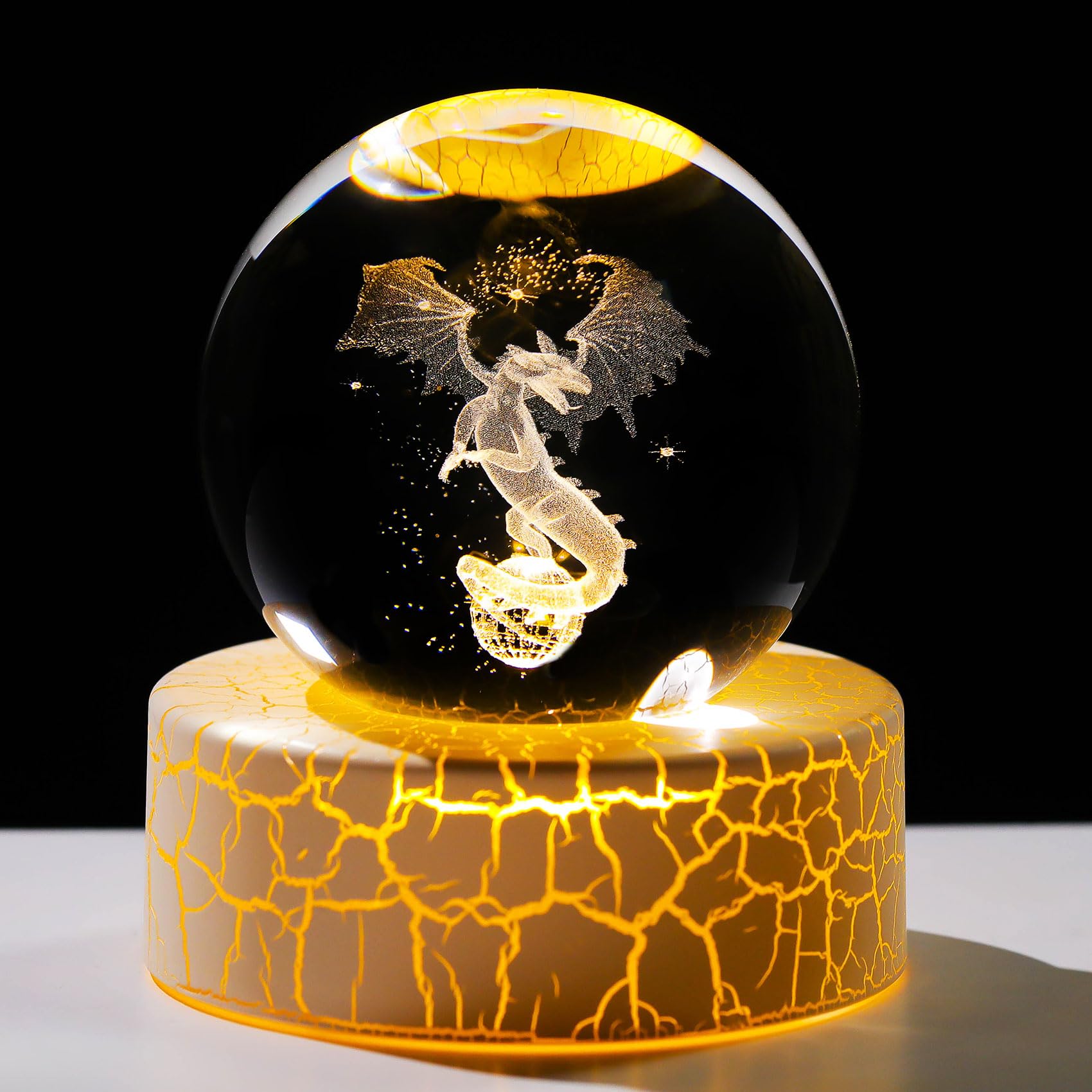 Ornalrist 6cm 3D Crystal Ball Engraved Dragon Figurine Paperweight with Warm Light Stand Dragon Gifts for Dragon Lovers Women Men, Glass Dragon Collectible Ornament Centrepiece