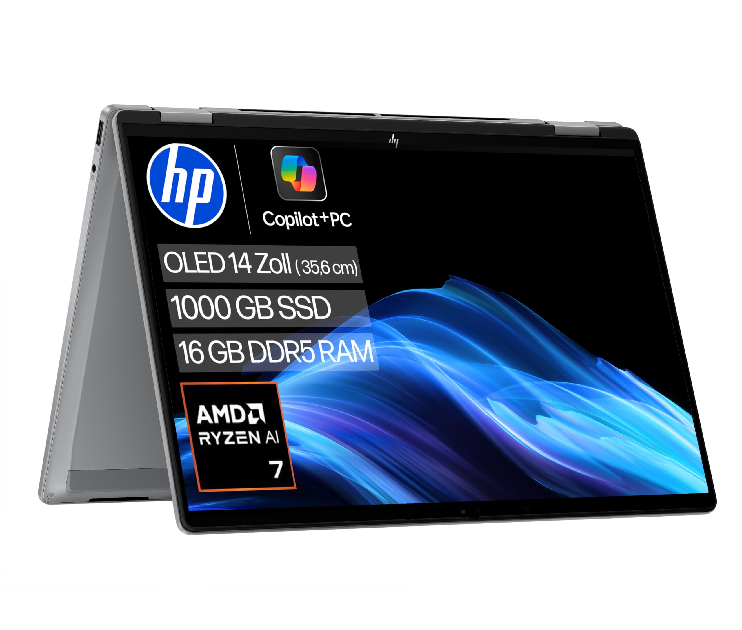 HP OmniBook X Flip 2in1 Next Gen AI Laptop| AMD Ryzen AI 7 350 (8C) | dedizierte NPU für KI | 50 NPU Tops | Copilot+ PC | 14" 3K 2880x1800 OLED-Touchscreen | 16GB | 1TB SSD | Win11 | QWERTZ | Silber