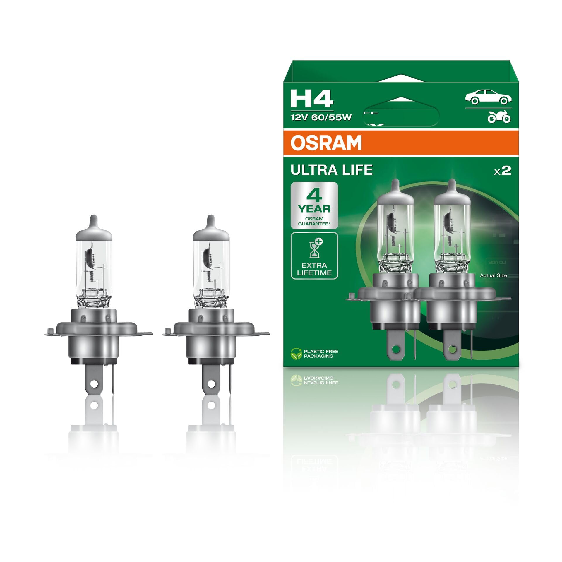 OSRAM ULTRA LIFE H4, halogen White headlamp, 64193ULT-HCB, 12 V passenger car, duobox (2 units)