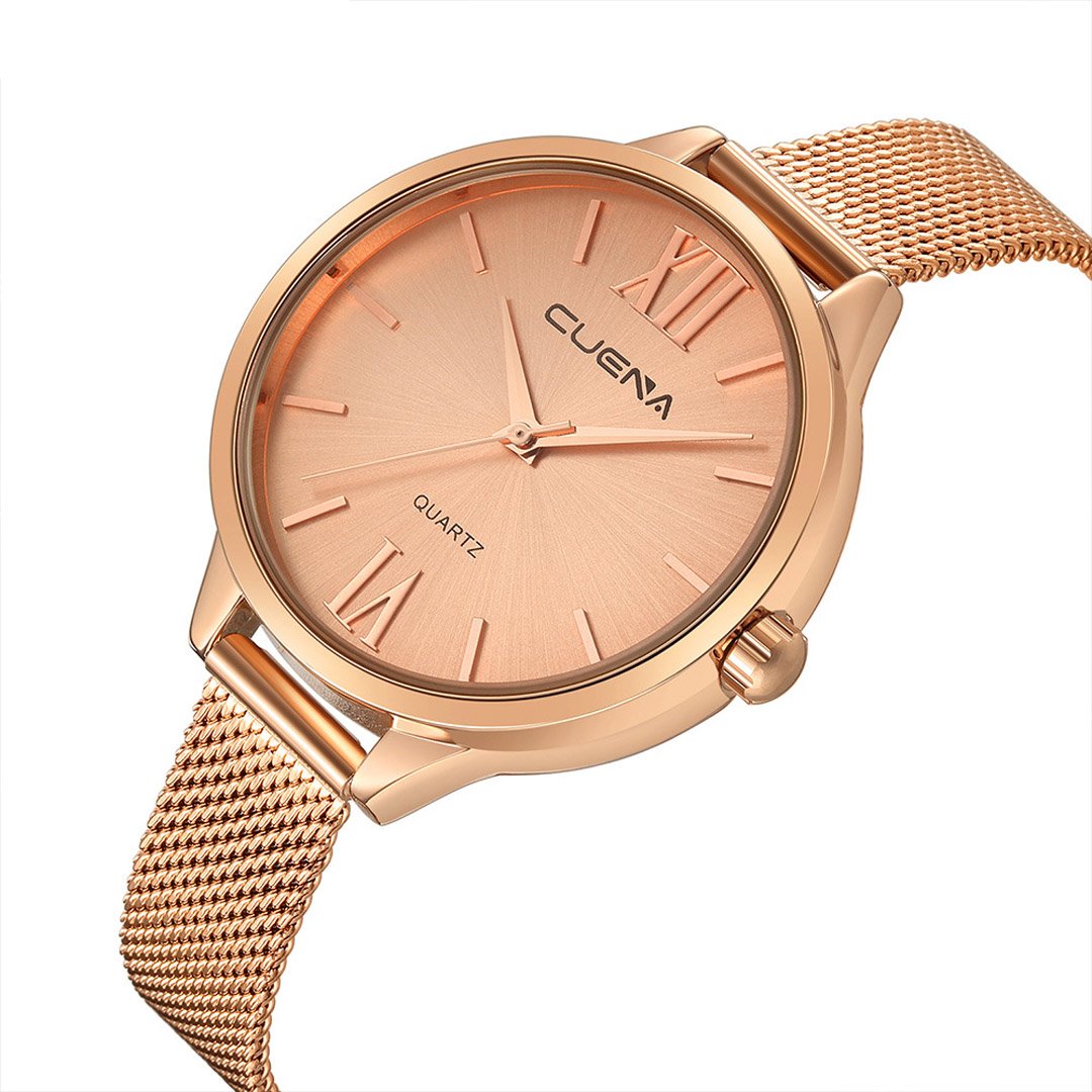 CUENA Women Classic Quartz Watch, Roman Numeral Business Casual Wrist Watch Waterproof 30M, with 33mm Dial Face Three-hand Movement Slim Mesh Band (Rose Gold)