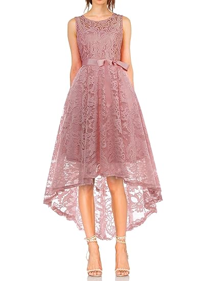 MONYRAY Damen Asymmetrisches Spitzenkleid Ärmellos Vintage Festlich Abendkleider Partykleid Cocktailkleid Ballkleid lang Brau