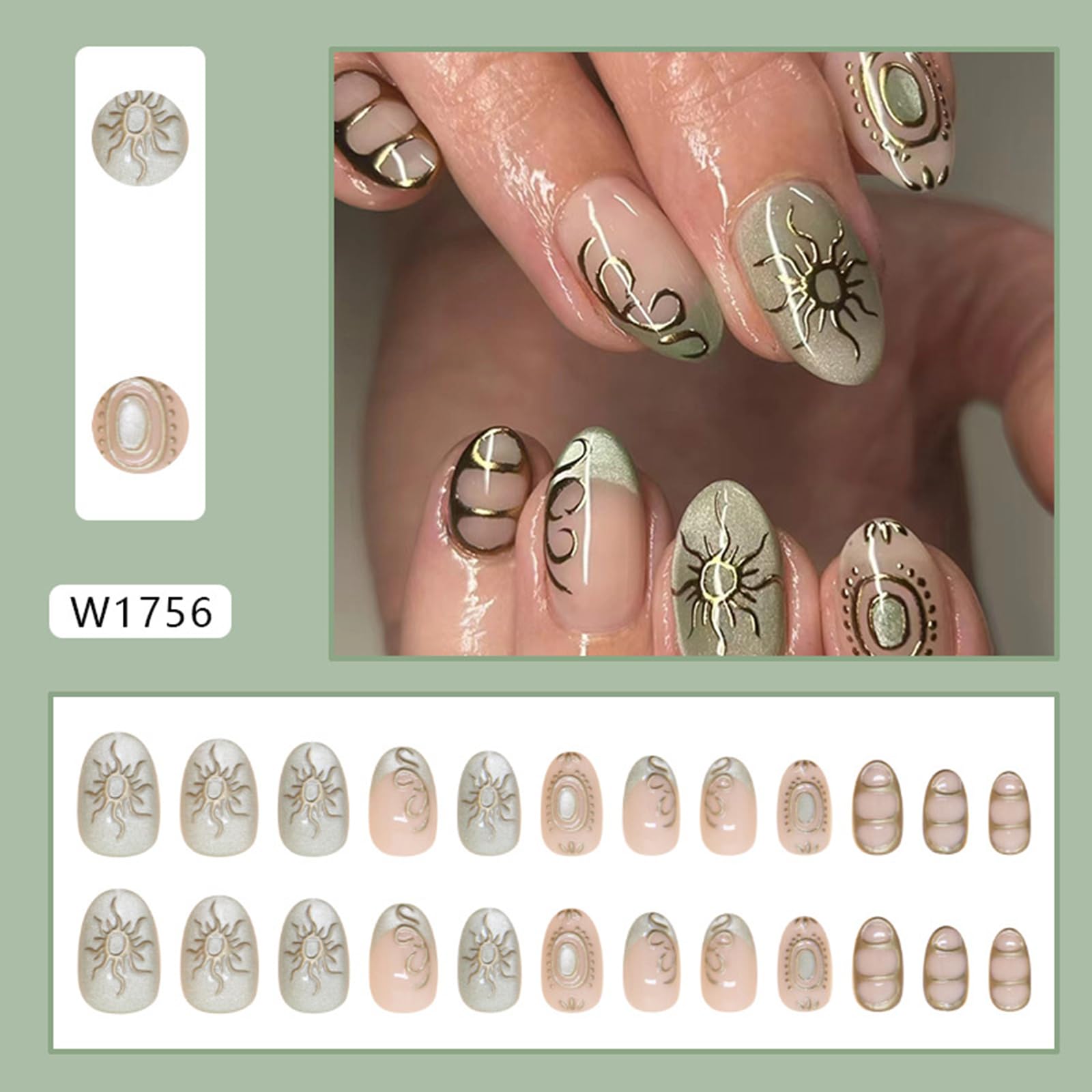 Bling French Tip Press on Nails Short Almond Fake Nails with 3D Gold Sun Design Green Glitter False Nails Glossy Full Cover Glue on Nails Goth Acrylic Artificial Stick on Nails for Women Girls 24Pcs - Image 2