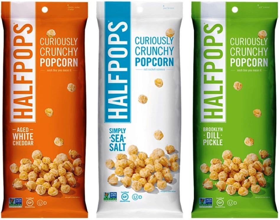 Halfpops Gluten Free Non-GMO Curiously Crunchy Popcorn 3 Flavor Variety Bundle, (1) Each: Brooklyn Dill Pickle, Aged White Cheddar, and Simply Sea Salt, 4.5 Ounces