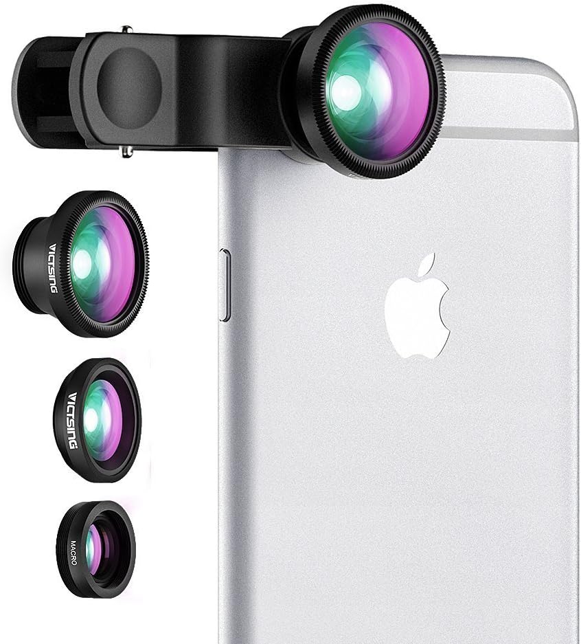 Victsing 3 in 1 Clip-on Lens Kit for Mobile Camera /180 Degree Fisheye Lens/10X Macro Lens/0.4x Wide Angle Lens HD for All Smartphones