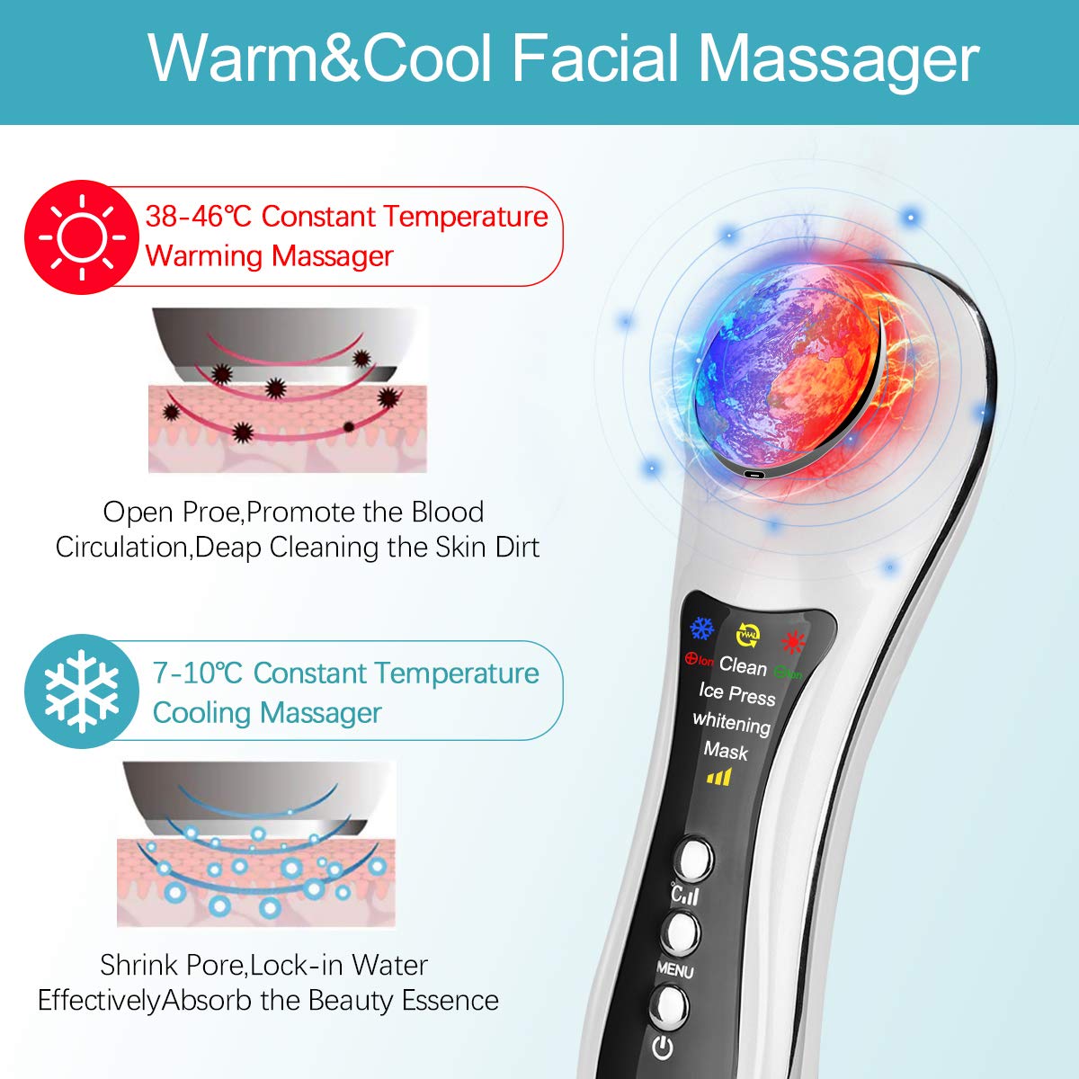 Hot and Cold Face Massager Ion Facial Device Skin Firming Face Toning Machine Sonic Beauty Device for Wrinkle Removal, Anti Aging, Deep Cleaning Skin Toning Massager: Beauty