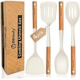 4PCS Silicone Cooking Utensils Set, Large Silicone Spatulas and Spoons with Wooden Handle, Heat Resistant Kitchen Utensils Set for Cooking, Nonstick Solid and Slotted Turners, Serving Spoon(White)