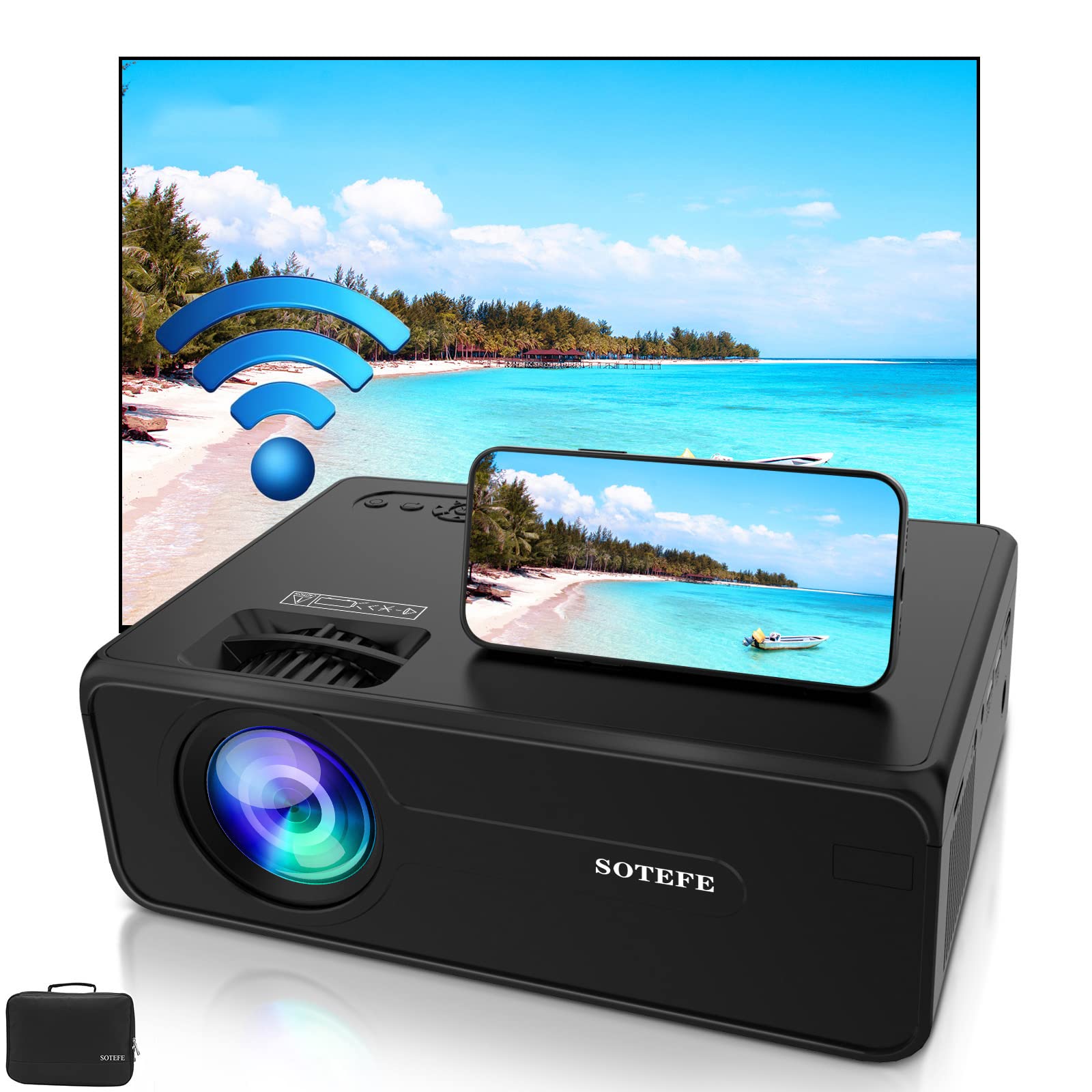 SOTEFE Mini LED Projector Portable 6000 Lumens-WiFi Video Projector 1080P Full HD For iPhone Samsung, Huawei Smartphone Home Projector Office Theater Movie TV-Boîte,HDMI,USB,TF SD Carte,VGA,AV Audio