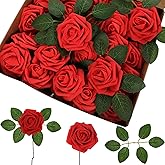 AojSup 50 Pcs Red Fake Roses Artificial Flowers with Stems, Valentine's Day Gifts, Real Touch Foam Rose Bulk Faux Flowers for DIY Wedding Bouquets Centerpiece Bridal Shower Party Home Valentine Decor