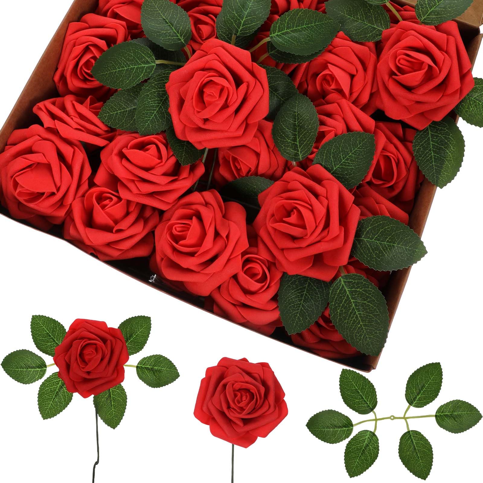 Photo 1 of AojSup 50 Pcs Red Fake Roses Artificial Flowers with Stems, Valentine's Day Gifts, Real Touch Foam Rose Bulk Faux Flowers for DIY Wedding Bouquets Centerpiece Bridal Shower Party Home Valentine Decor