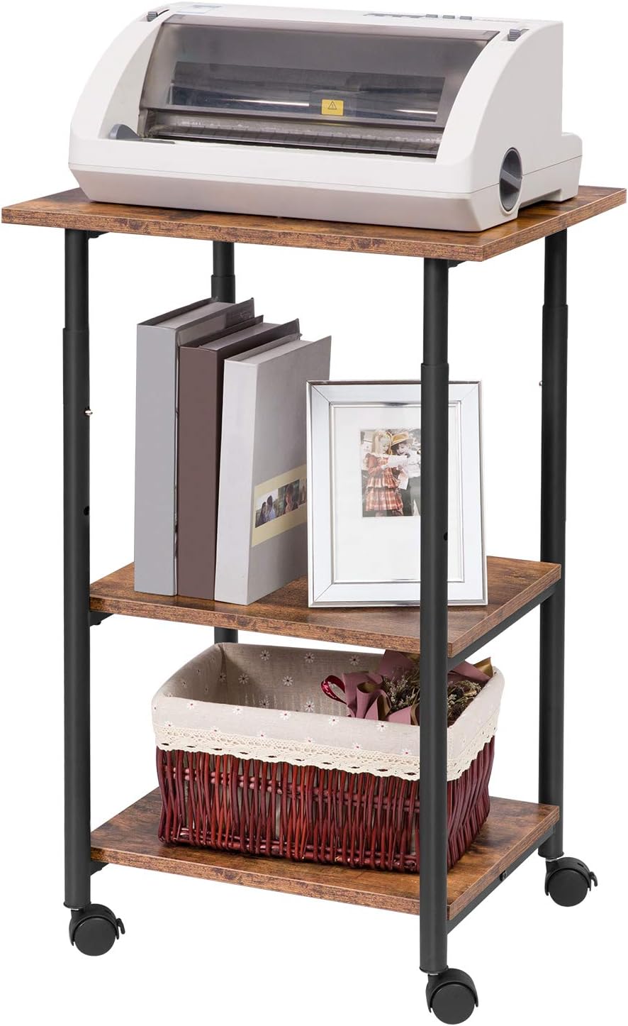 HOOBRO Mobile Printer Stand, 3-Tier Printer Cart with Storage Shelf, Height Adjustable Machine Cart on Wheels, Projector Cart, Industrial Style in Office, Home Office, Rustic Brown BF03PS01: Electronics