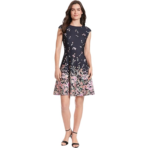 London Times Women's Dresses Floral Print Fit and Flare with Contrast Border at Hem, Ivory-Green, 0 at Amazon Women's Clothing store London Times Women's Dresses Floral Print Fit and Flare with Contrast Border at Hem, Ivory-Green, 0 at Amazon Women's Clothing store