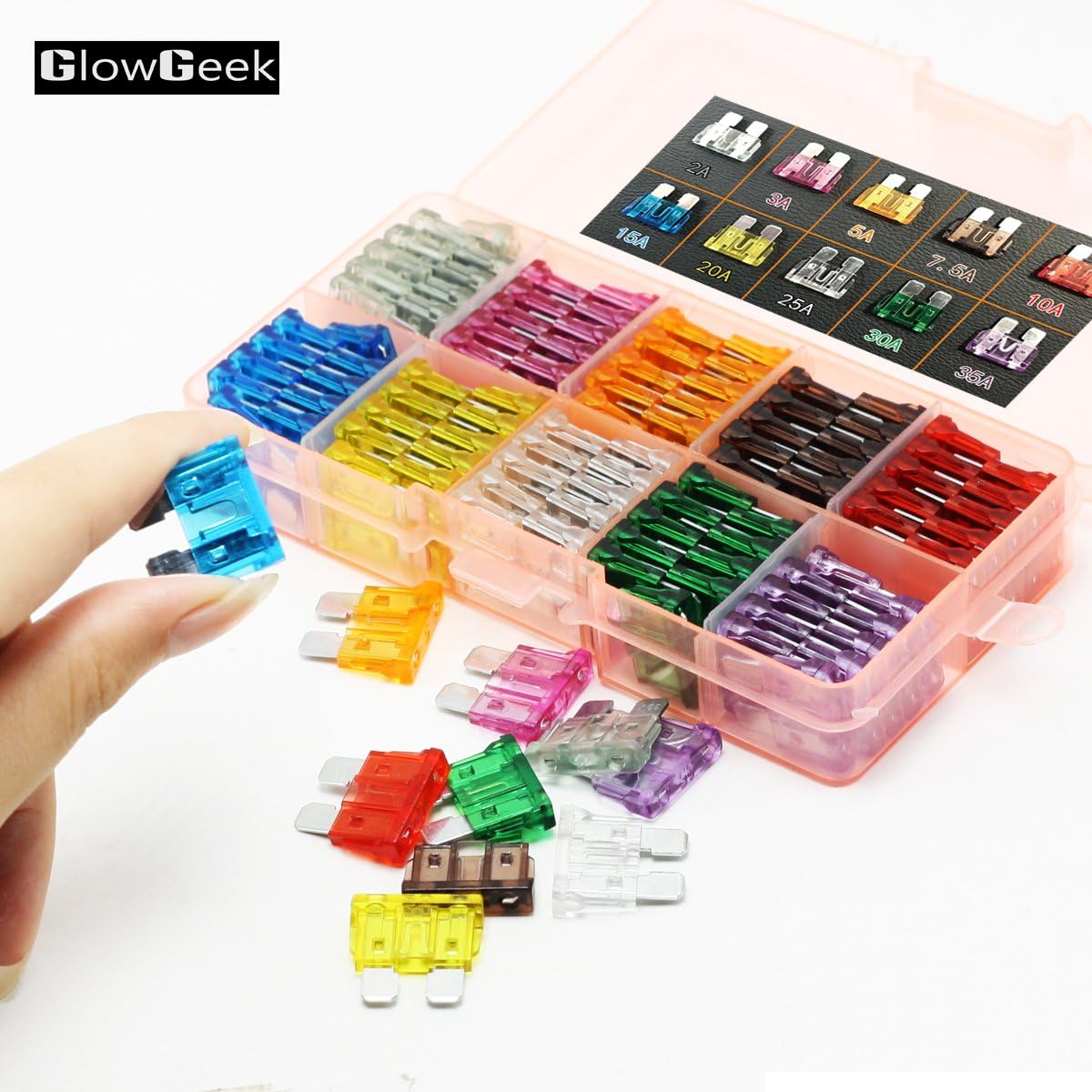 GlowGeek 100pcs Assorted Auto Car Truck Standard Blade Fuse Assortment 2A 3A 5A 7.5 A 10A 15A 20A 25A 30A 35A Car Boat Truck SUV Automotive Replacement Fuses: Automotive