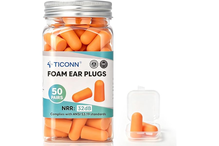 TICONN 50 Pairs Foam Ear Plugs Bulk Pack, 32 dB NRR Noise Cancelling | Hearing Protection, Stay-in-Place Design, Soft & Comfo
