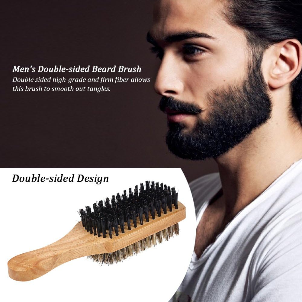 Men's Beard Brush Double-Sided Facial Hair Brush Shaving Comb Male Mustache Brush Solid Wood Handle, Brown - Image 3