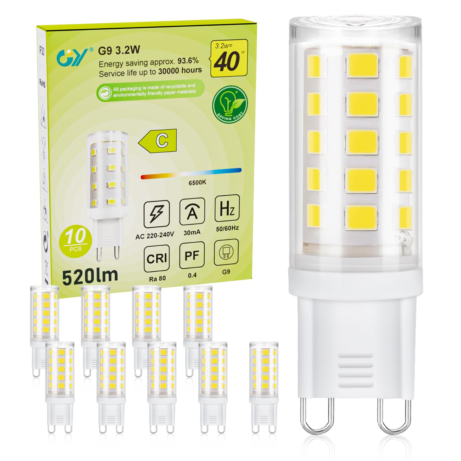 GY G9 LED Bulbs,3.2W Cool White 6500K Energy Saving Light Bulbs,Equivalent to 40W,520 Lumen No Flicker, Not Dimmable for Home Lighting Decor,10 Pack