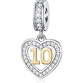 EMOSTAR 10 to 20 21 22 23 24 25 28 30 33 35 40 45 50 55 60 65 70 75 80 Birthday Charms fit European Anniversary Bracelet Necklace, Dangle 18K Golden Number Heart Pendant with CZ, for Women/Men