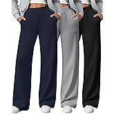 Sweetyweee 3 Pack Women's Wide Leg Lounge Pants High Waisted Sweatpants Casual Elastic Yoga Open Bottom Joggers with Pockets